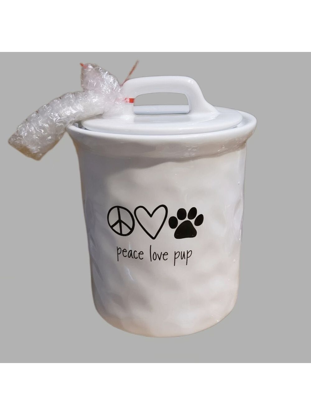 PEACE LOVE PUP CERAMIC DOG COOKIE TREAT JAR